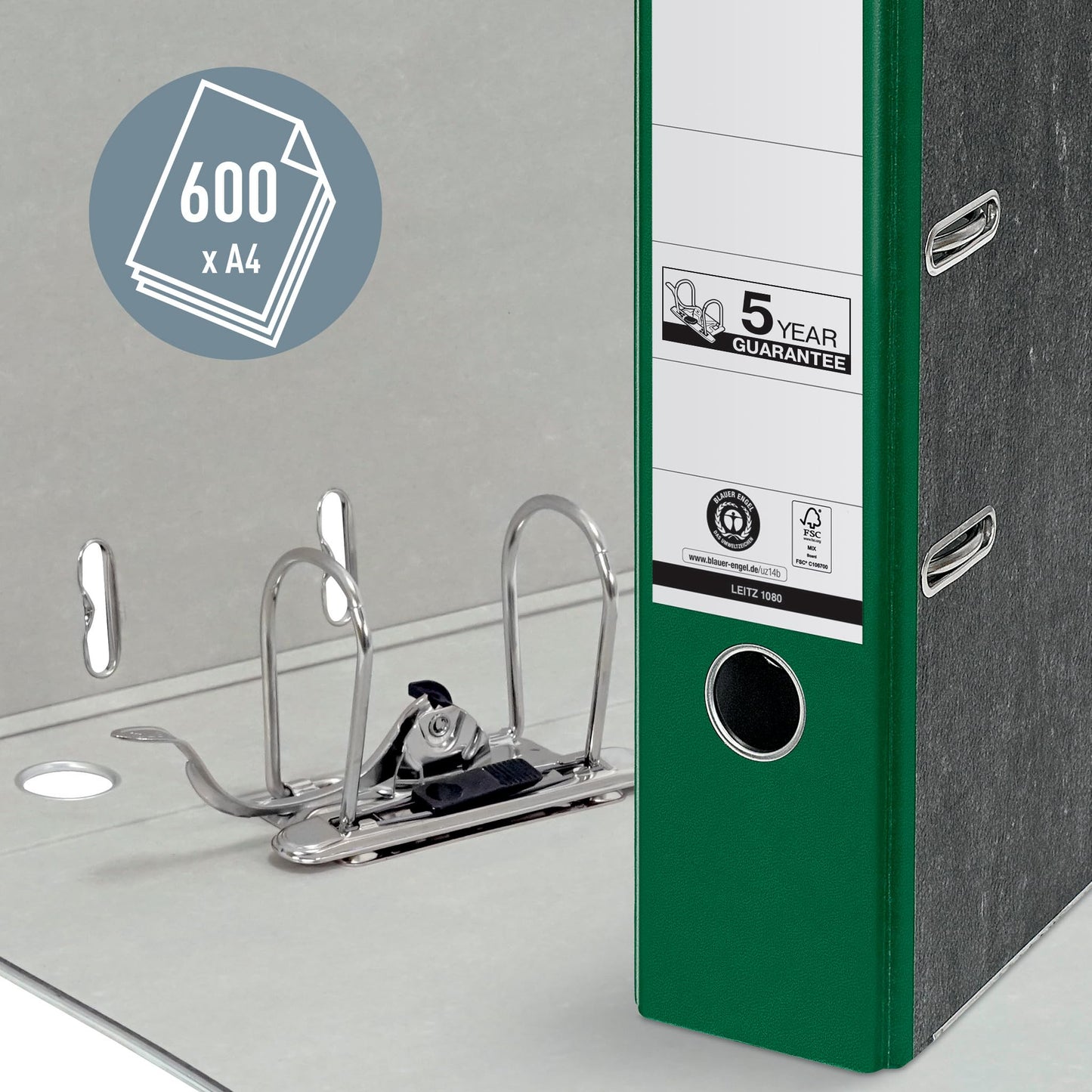 Leitz quality folders 180°, pack of 20, A4, 100 percent recycled cardboard, 8 cm spine width, cloud marble paper, green spine, 10805055 - 10800055