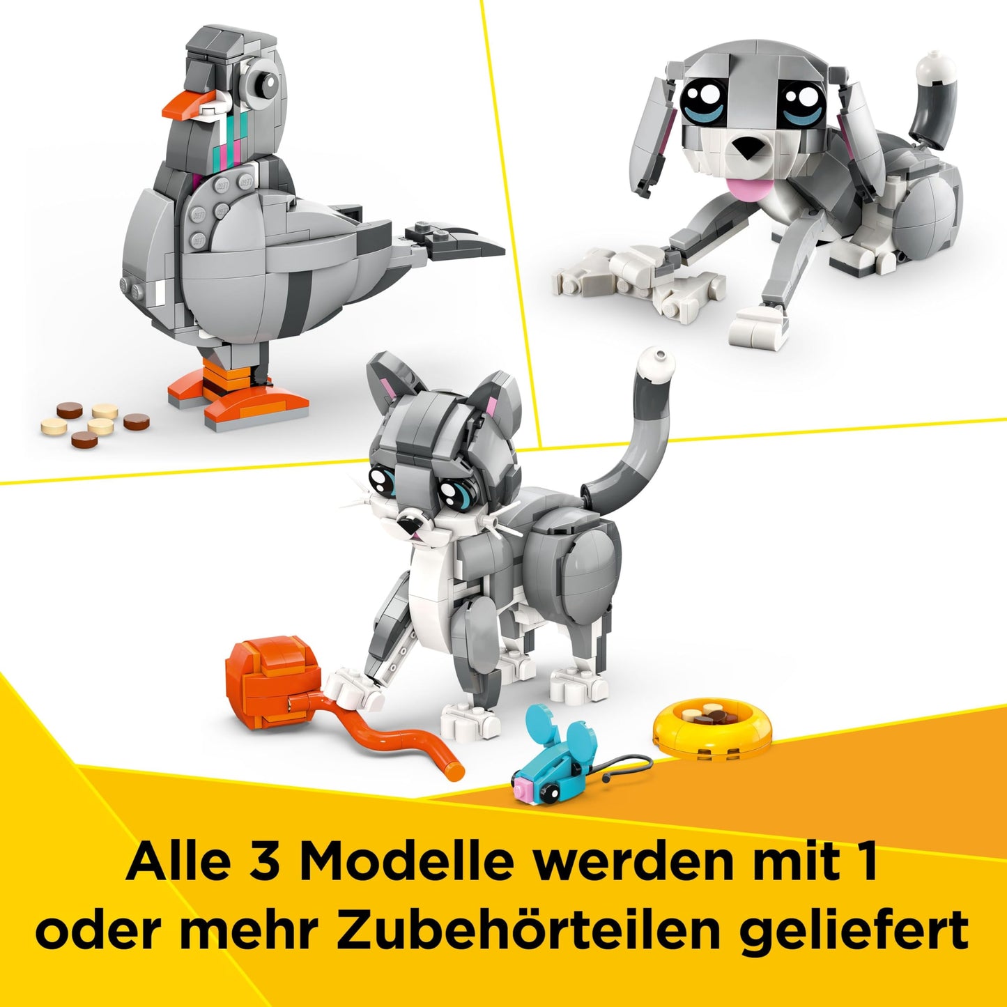 LEGO Creator 3in1 Gray Cat - Animal figure convertible into a pigeon or a dog - Creative birthday gift for girls and boys aged 8 and up - 31163