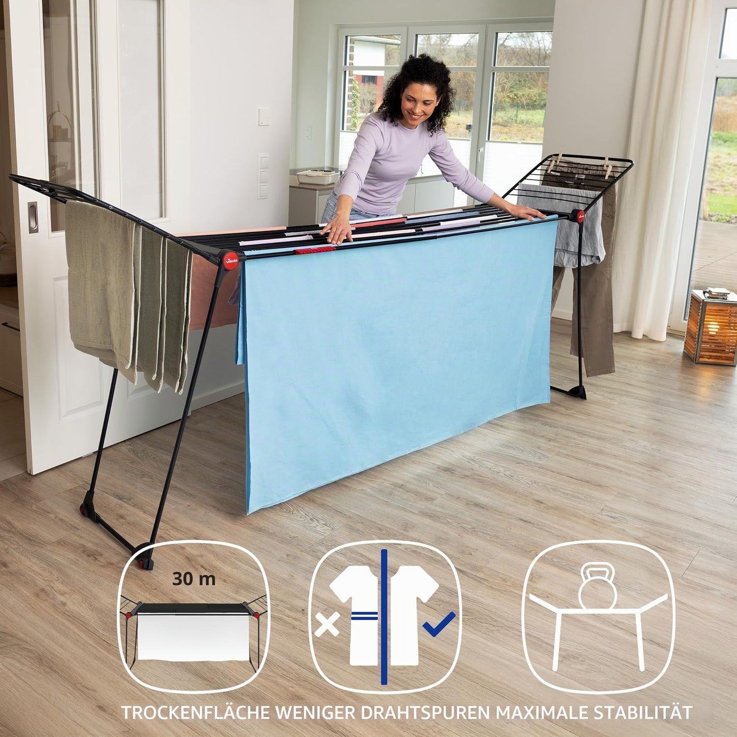 Vileda Infinity Flex Ultimate Drying Rack Black Edition | Extendable black telescopic frame, XXL drying rods | Foldable & pre-assembled - fewer marks for large textiles | Comfort pack - 178871