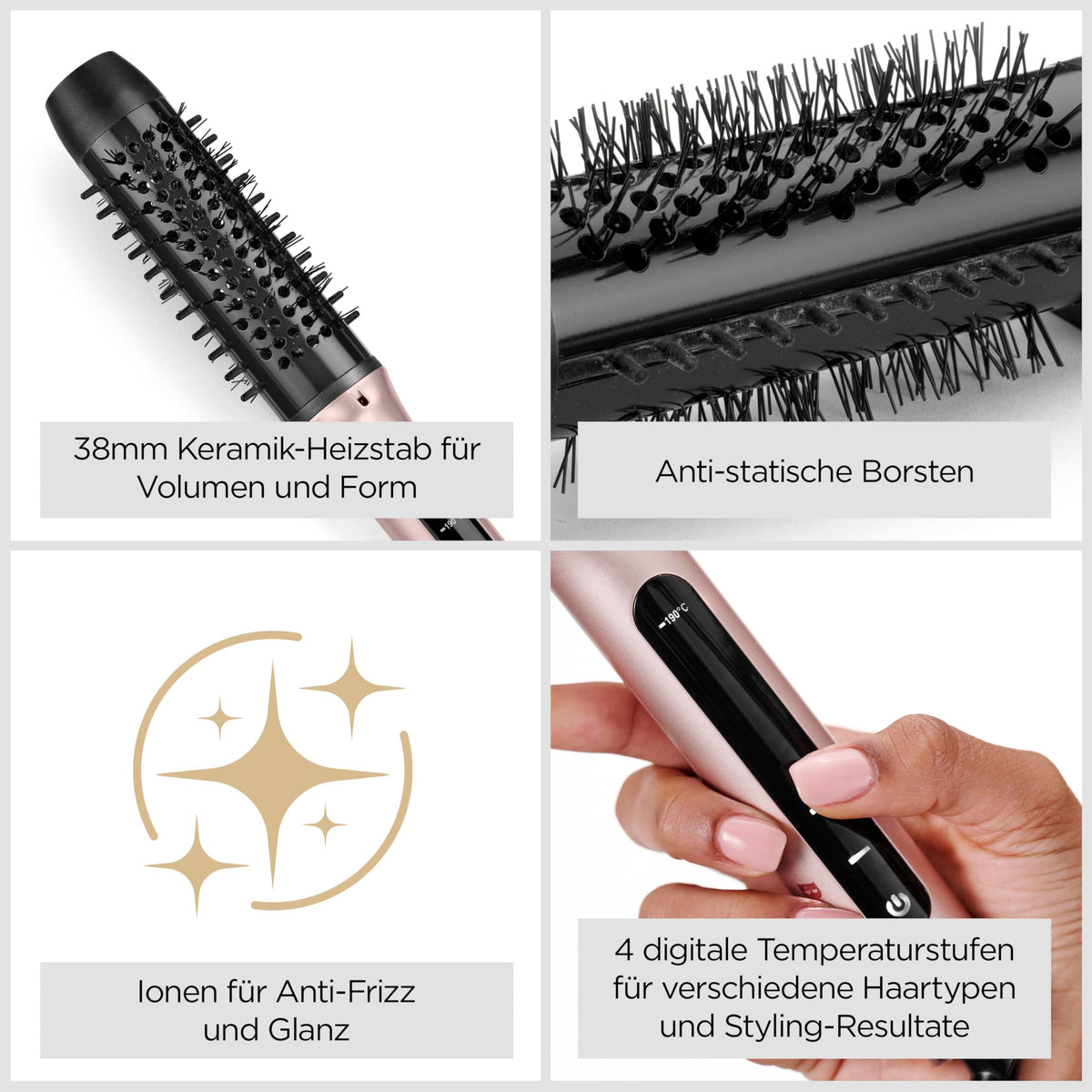 BaByliss Volume Boost Thermal Hot Air Brush – 38mm heating brush with curling function, ion frizz control, 4 temperature settings, multi-voltage capability, Pink/Black, HSB200E