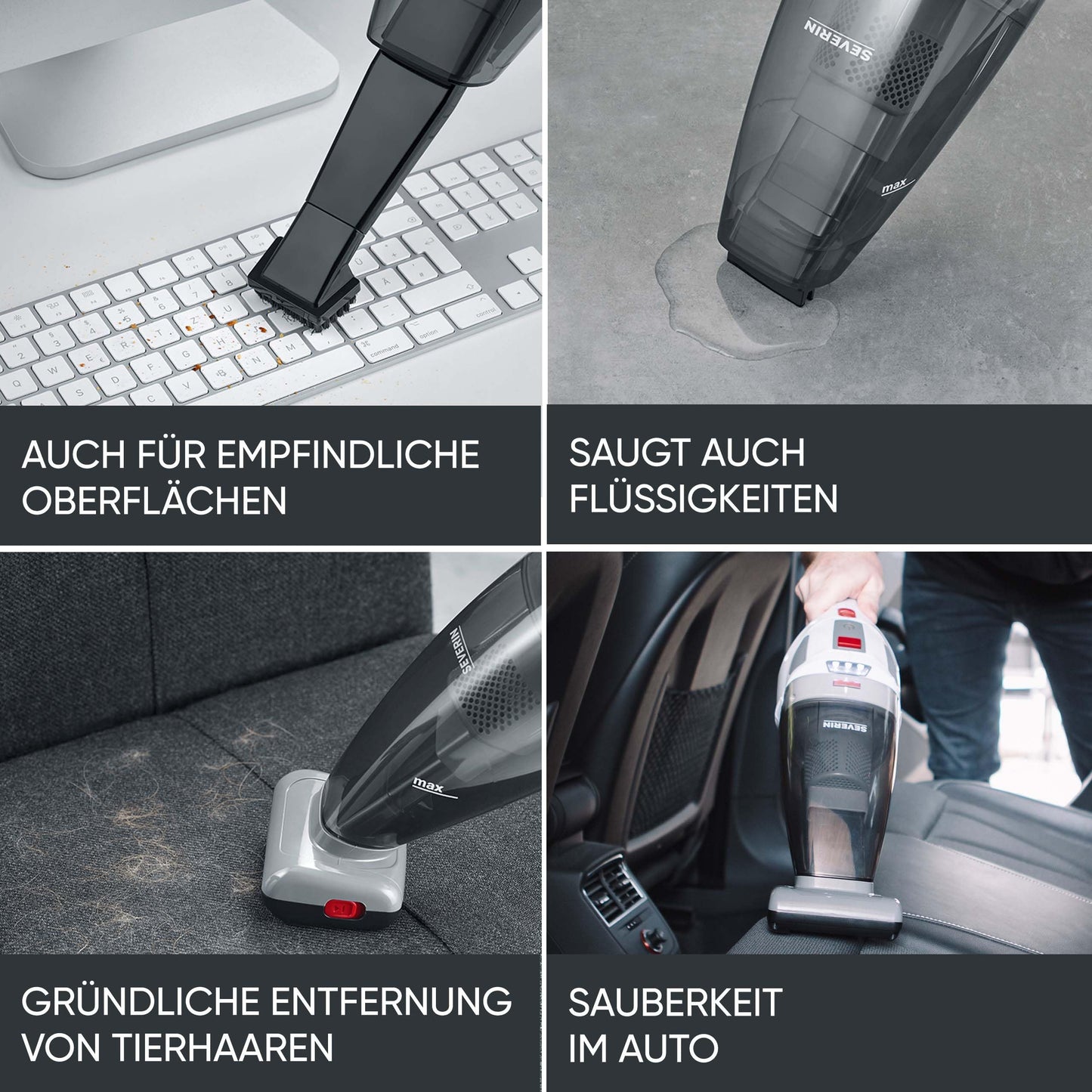 Severin 4-in-1 cordless handheld vacuum cleaner, wireless wet & dry vacuum cleaner for car seats, handheld vacuum cleaner for pet hair & liquids, up to 30 minutes running time in eco mode, white-grey-red, HV 7146