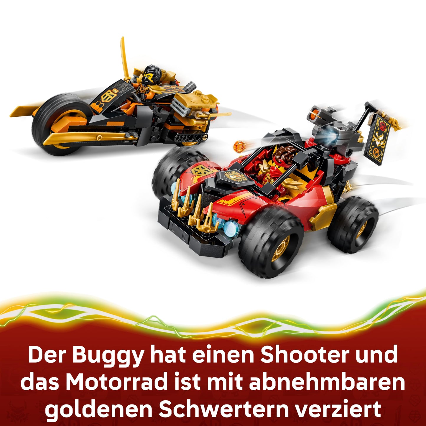 LEGO NINJAGO Kai's and Cole's combination speedster - ninja toy with car, motorcycle, 3 minifigures including Kai & Cole with katanas - gift idea for boys aged 7 and up and Dragons Rising fans - 71864