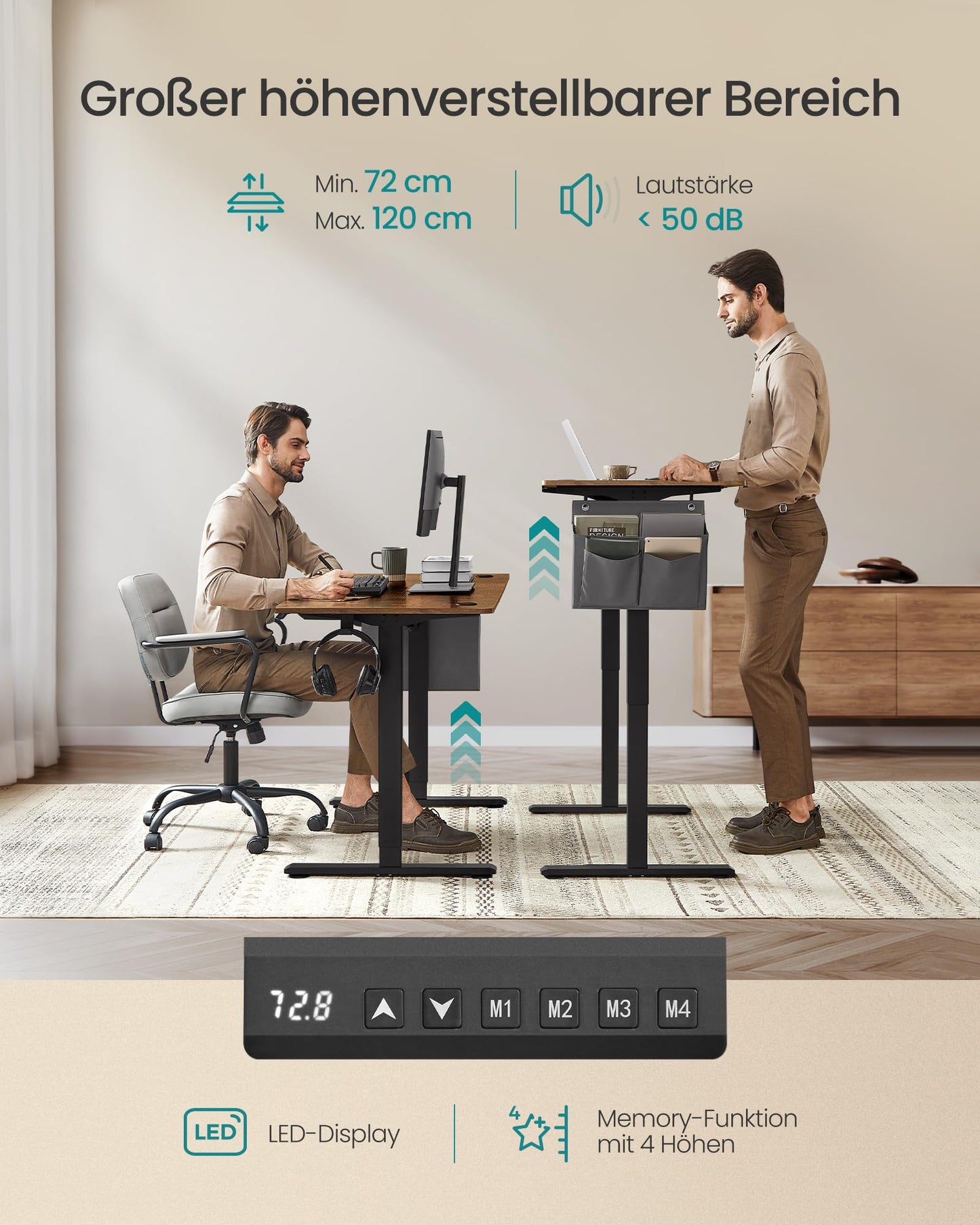 SONGMICS Electric height-adjustable desk, 160 x 70 cm, infinitely adjustable, memory function with 4 heights, vintage brown LSD136K01