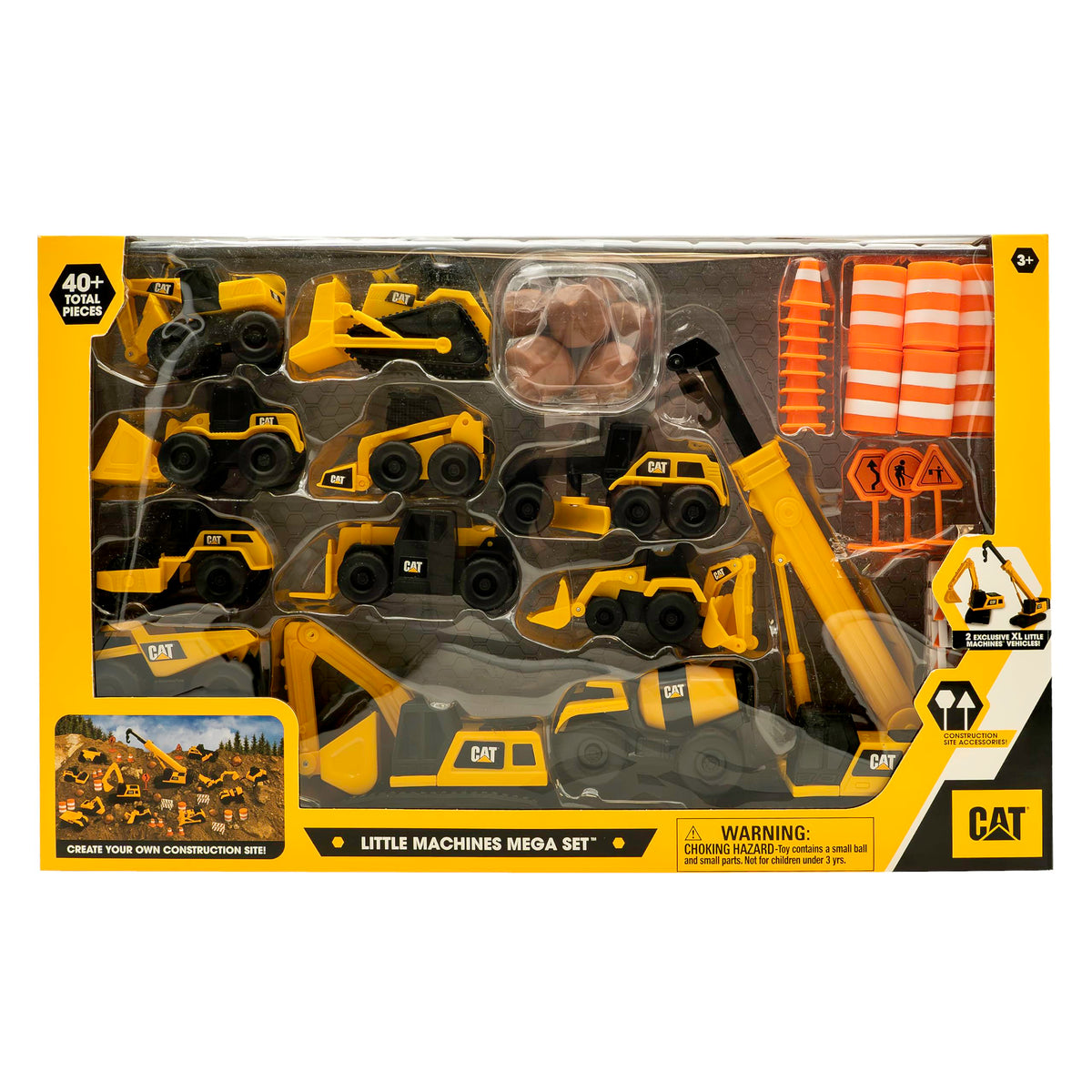 CAT® Construction Little Machines Mega-Set I With 40 pieces I Includes vehicles, a crane, traffic signs, cones, blocks, and cylinders I For children aged 3 and up, Yellow, 1:64 - 83337
