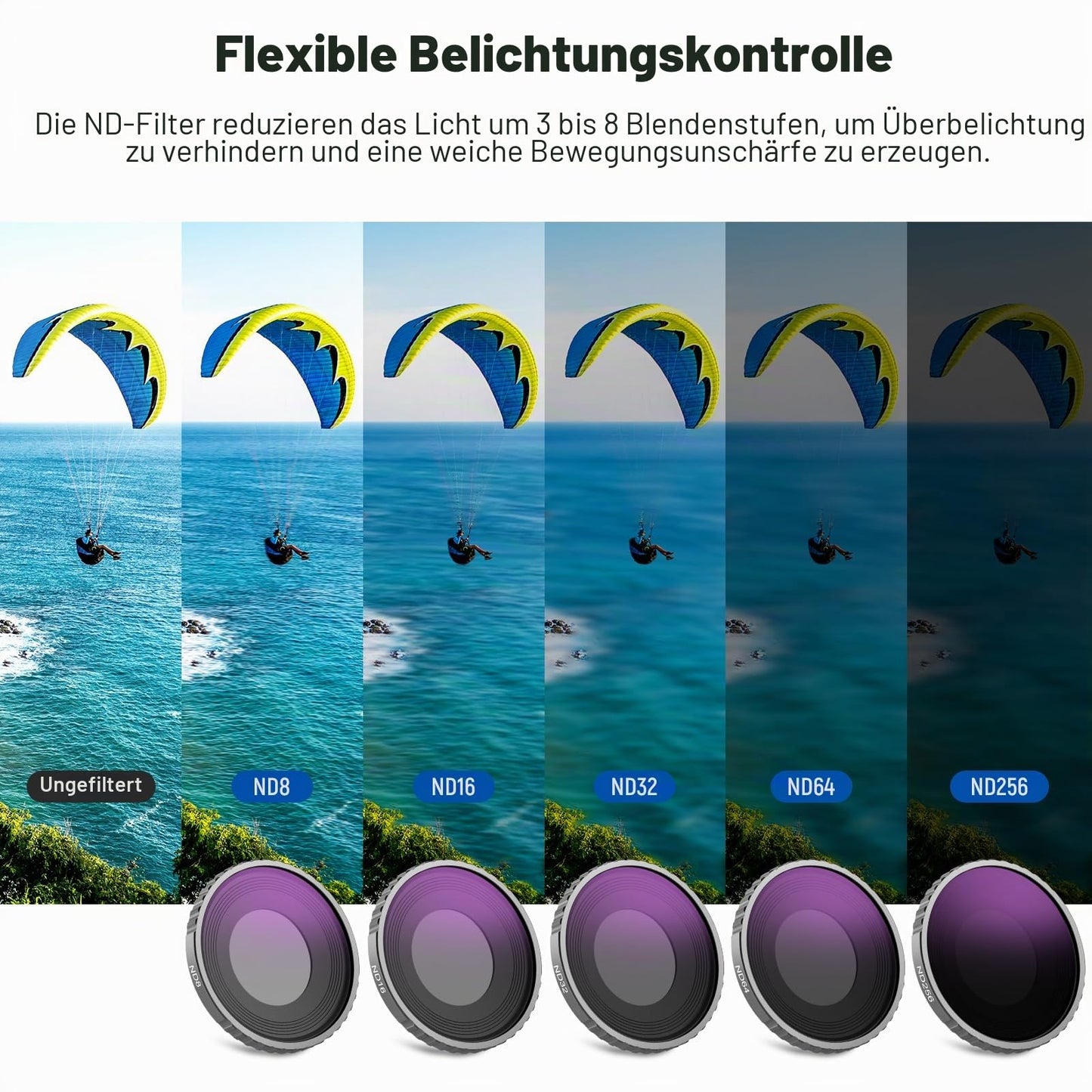 NEEWER Pack of 6 ND Filter Set Compatible with DJI Osmo Action 5 Pro/Action 4, Multi-Coated HD Optical Glass Gray Filter Polarizing Filter CPL+ND8+ND16+ND32+ND64+ND256 Action Cam Lens Accessories, FL-N70