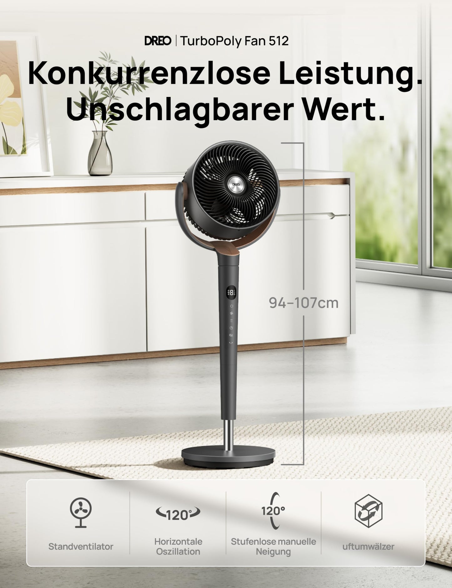 DREO pedestal fan very quiet, large fan with remote control, 20dB silent fan with DC motor, 120° oscillating, 4 modes, 94-107cm height adjustable, floor fan, TurboPoly Fan 512, gray