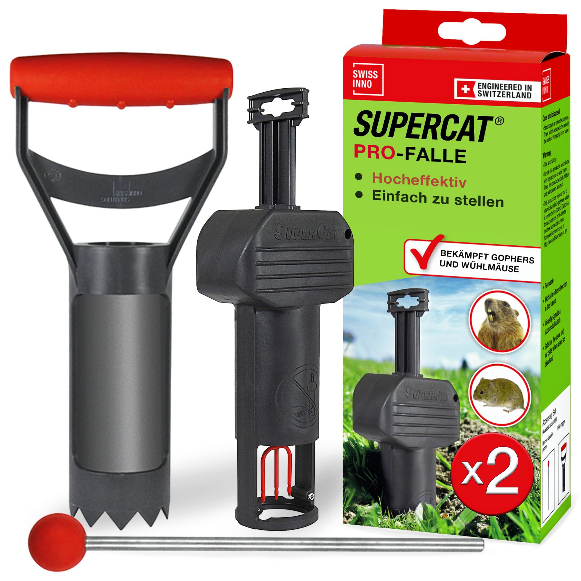 SWISSINNO vole trap PRO SuperCat incl. accessory set - efficient snap trap against field mice and voles, patented trigger mechanism, safe + reusable - 2 traps + 1 accessory set