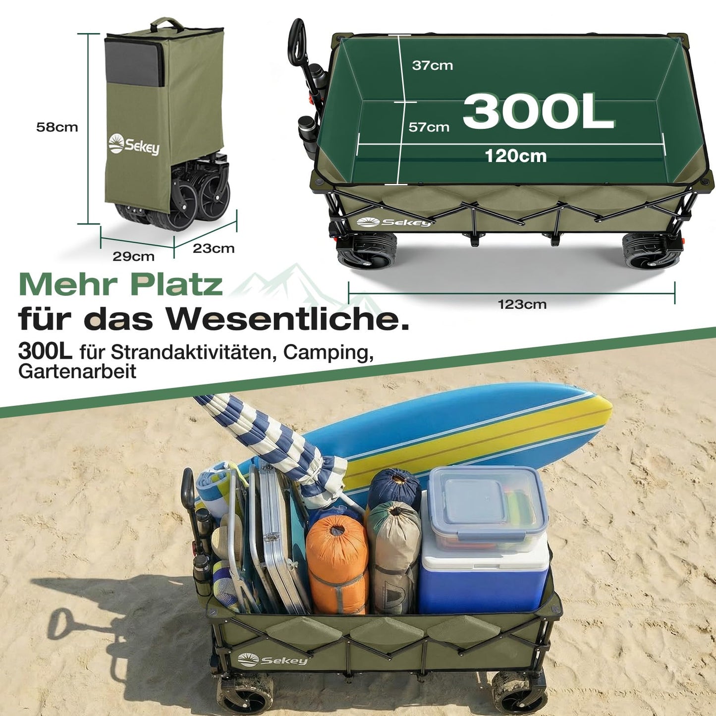 Sekey XXXL Handcart Foldable 300L 200KG Heavy Duty, Extended Folding Handcart with Extra Width 17x10 cm All-Terrain Wheels Handcart, Patented 4-Way Instant Assembly Transport Cart, Olive Green - 4013