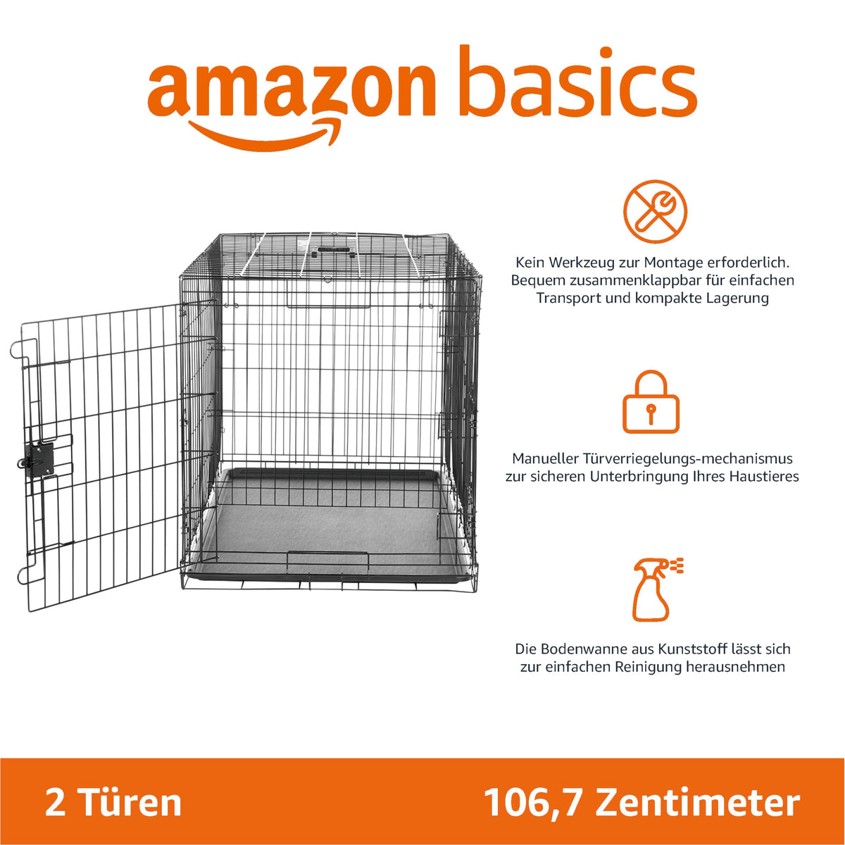 Amazon Basics Cușcă pliabilă pentru câini din sârmă metalică cu bază, cu două uși, neagră, L 107 x l 71 x H 76 cm - 9001N-42B
