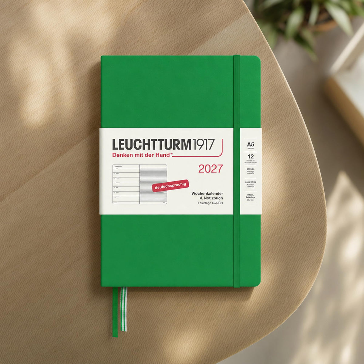 LEUCHTTURM1917 Weekly Calendar 2027 Medium (A5) with Notebook - German Appointment Planner, Spring Leaf, January-December 2027, Weekly Overview on the Left + Notes Page on the Right - 400053