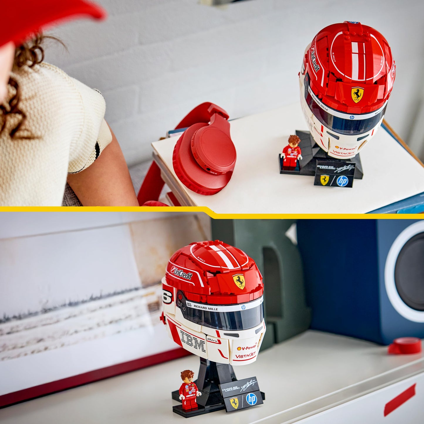 LEGO Editions Scuderia Ferrari HP Charles Leclerc helmet - F1 merchandise - exhibition model kit with collectible minifigure - gift for boys aged 14 and over and adult motorsport fans - 43014