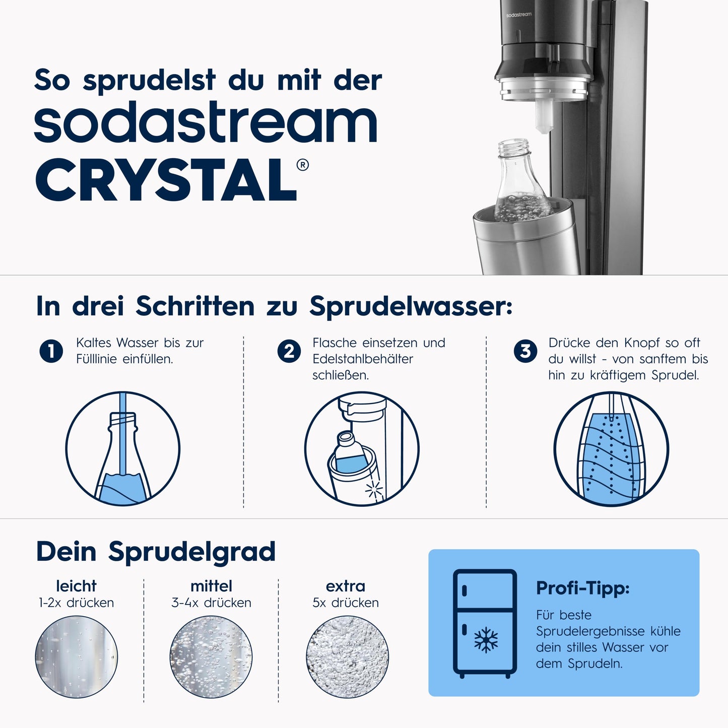 SodaStream Crystal 3.0 Wassersprudler mit Glaskaraffe, Sprudelwasser-Maschine mit Quick-Connect CO2-Zylinder, inkl. 2 spülmaschinenfesten Glaskaraffen je 0,7 L, Grau - 1100462490