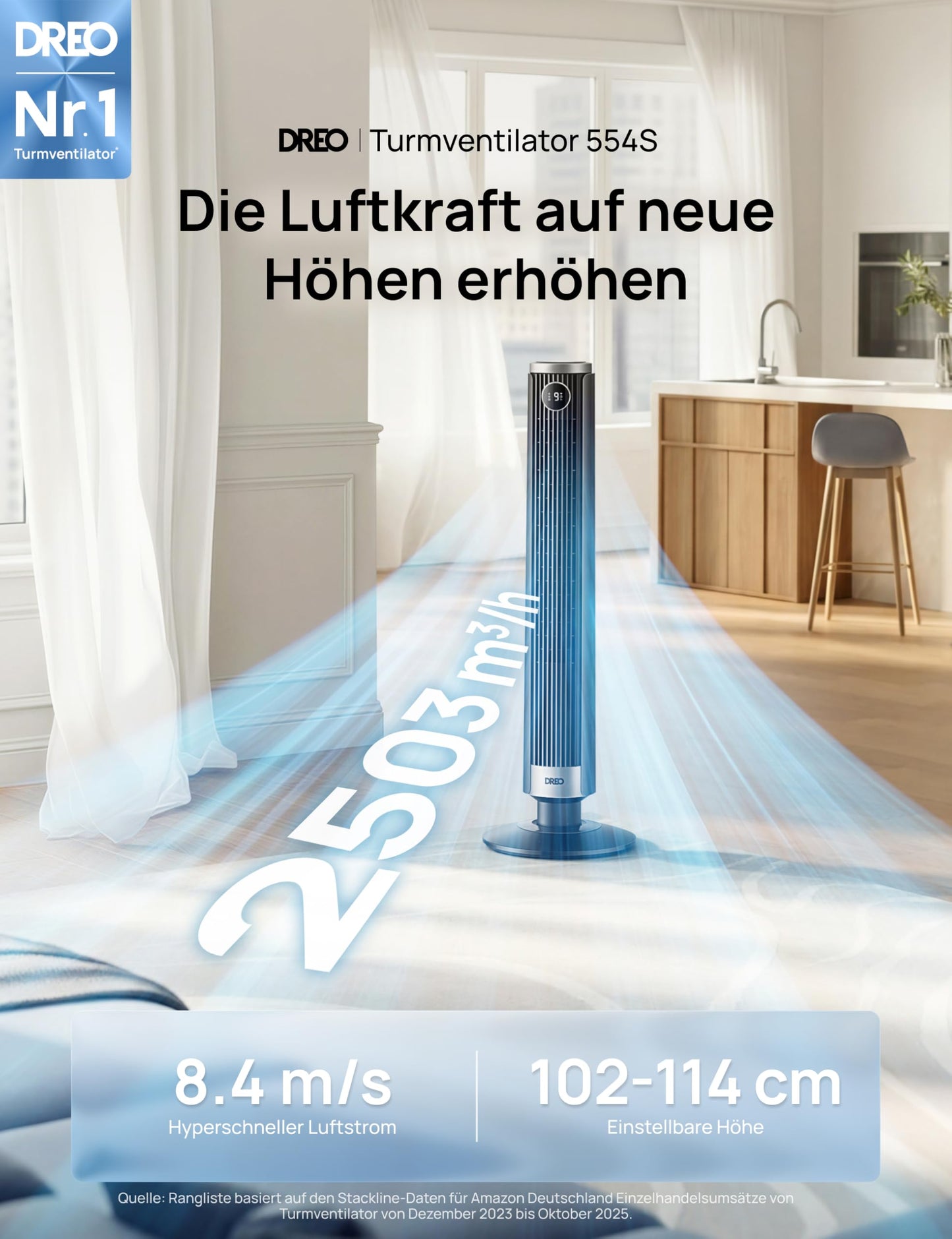 DREO Smart 102-114cm tower fan for bedroom, height adjustable, 8.4m/s, DC motor, 9 levels, 4 modes, 90° oscillation, pedestal fan, 20dB quiet, 12H timer for home and office, Google/Alexa - DR-HTF024S