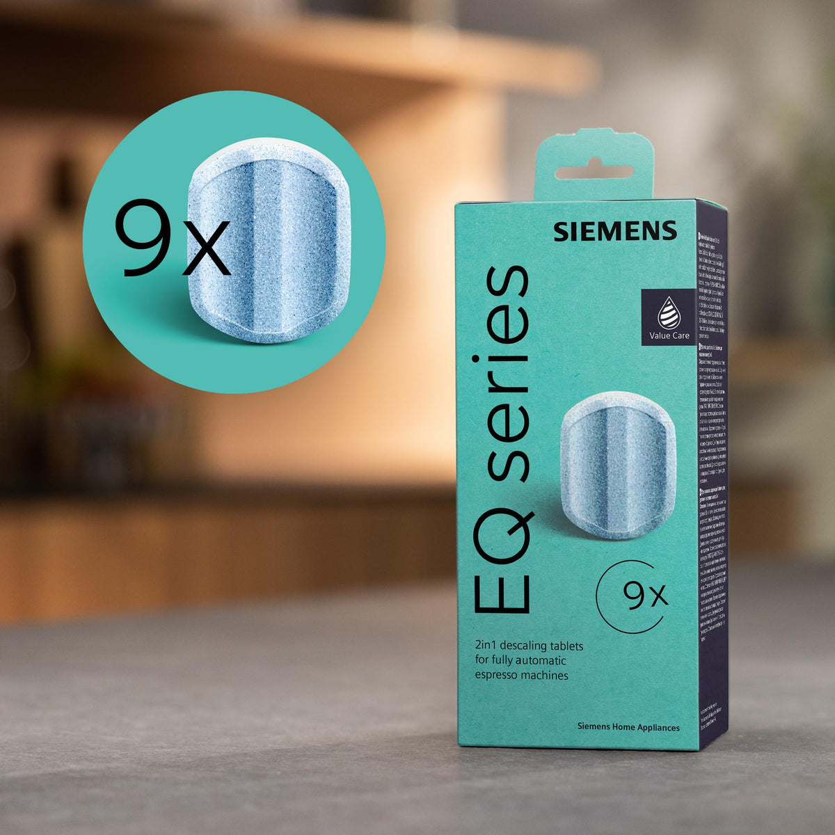 Siemens Multipack TZ80032A, 9 descaling tablets, protects against corrosion, suitable for EQ series fully automatic coffee machines as well as built-in fully automatic machines.