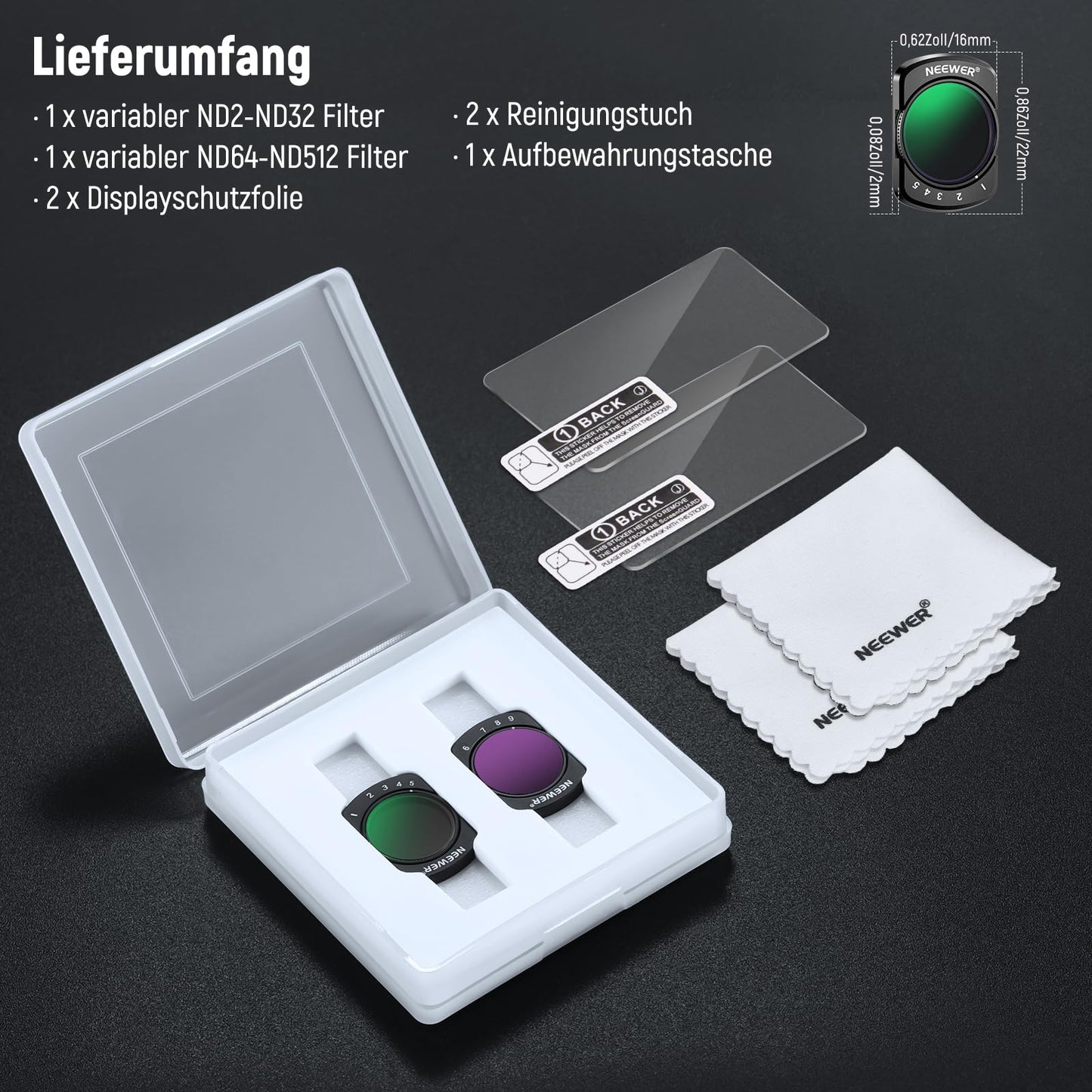 NEEWER Variable ND Filter Set, Compatible with DJI Osmo Pocket 3 / Pocket 4 / Xtra Muse, ND2-32 + ND64-512, Adjustable Neutral Density Filters with 2 Screen Protectors - FL-N53