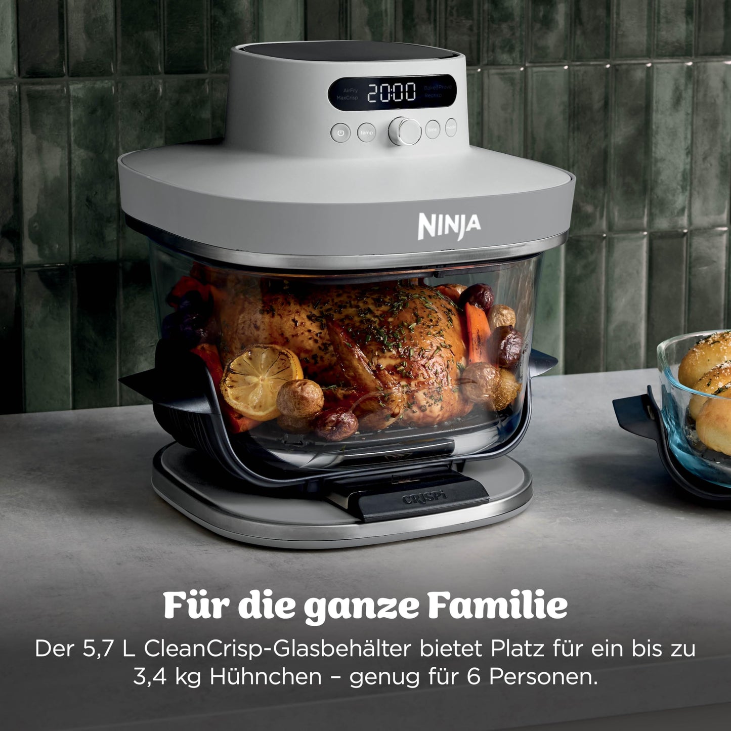 Ninja CRISPi PRO XL Glass Air Fryer, 5 Preset Cooking Functions, Includes CleanCrisp Glass Jars (5.7L and 2.3L) and Storage Lid, White AS090EUWH
