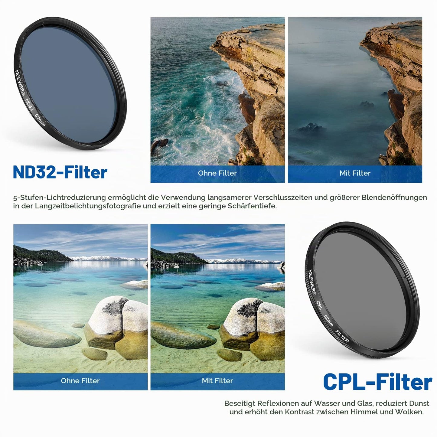 NEEWER 52mm ND CPL Star 4 Gradient Filter Set with Cell Phone Lens Clamp - 10101533