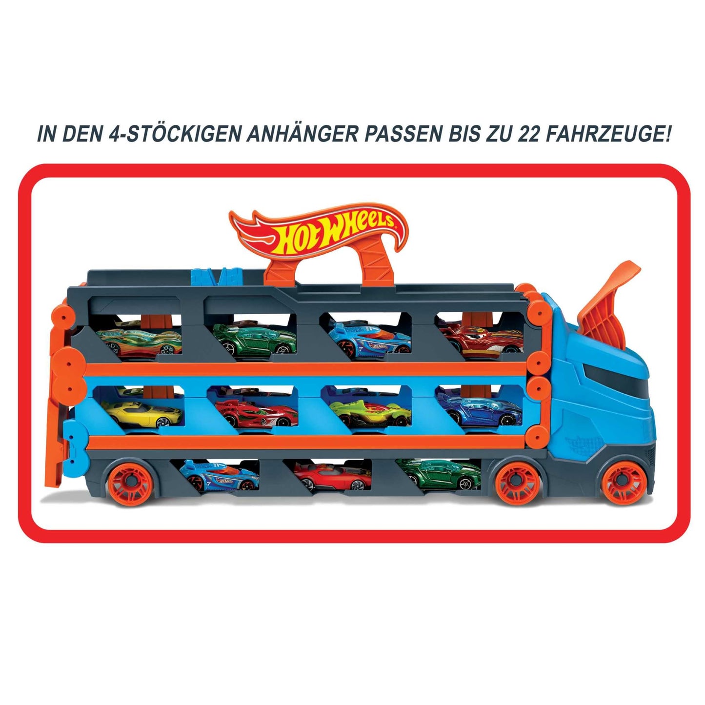 Hot Wheels - 2:1 car racing track to transporter, including 3 toy cars, with double starter, trigger function and switch, space for 20 cars, toys from 4 years, HGH33