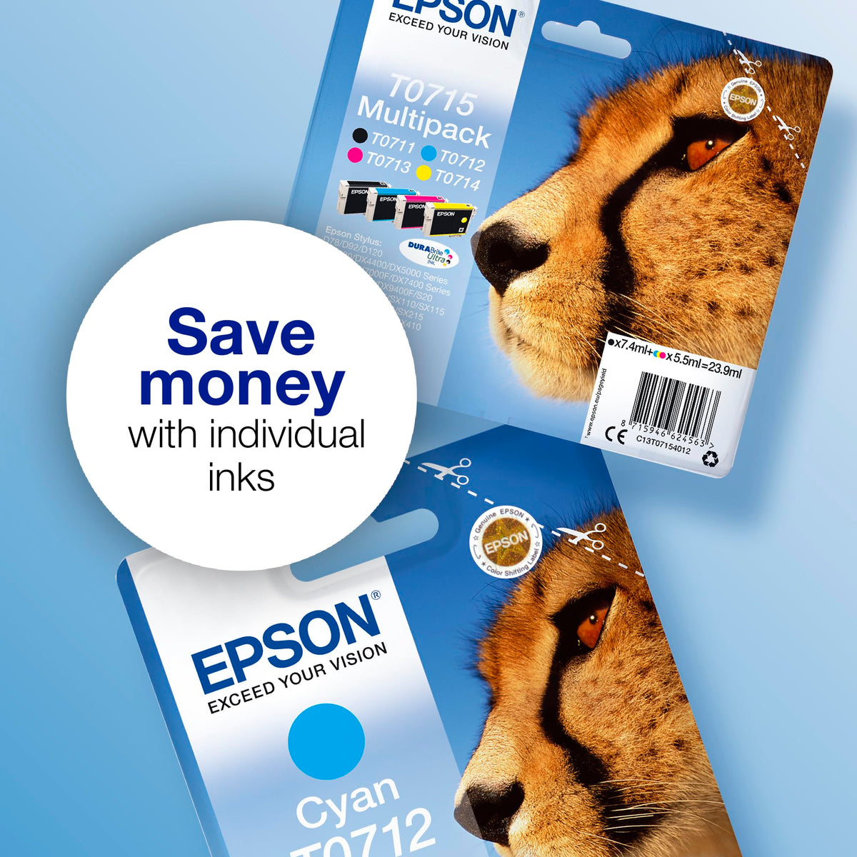 Epson Original T0715 Ink Cheetah, smudge and water resistant (Multipack, 4-color) (CYMK) - C13T07154012