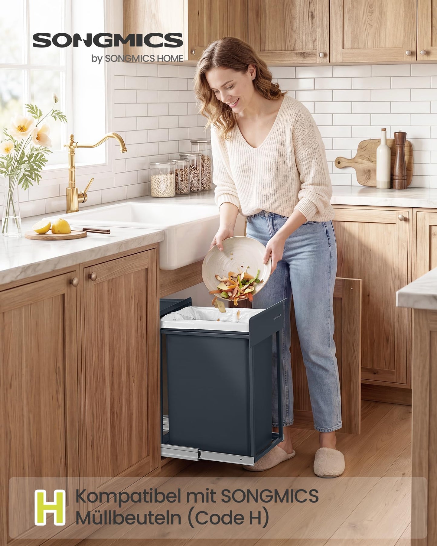 SONGMICS Kitchen trash can, for base cabinet, 1 x 20 L, extendable waste bin, steel frame, ABS lid, gray LTB920GZ01