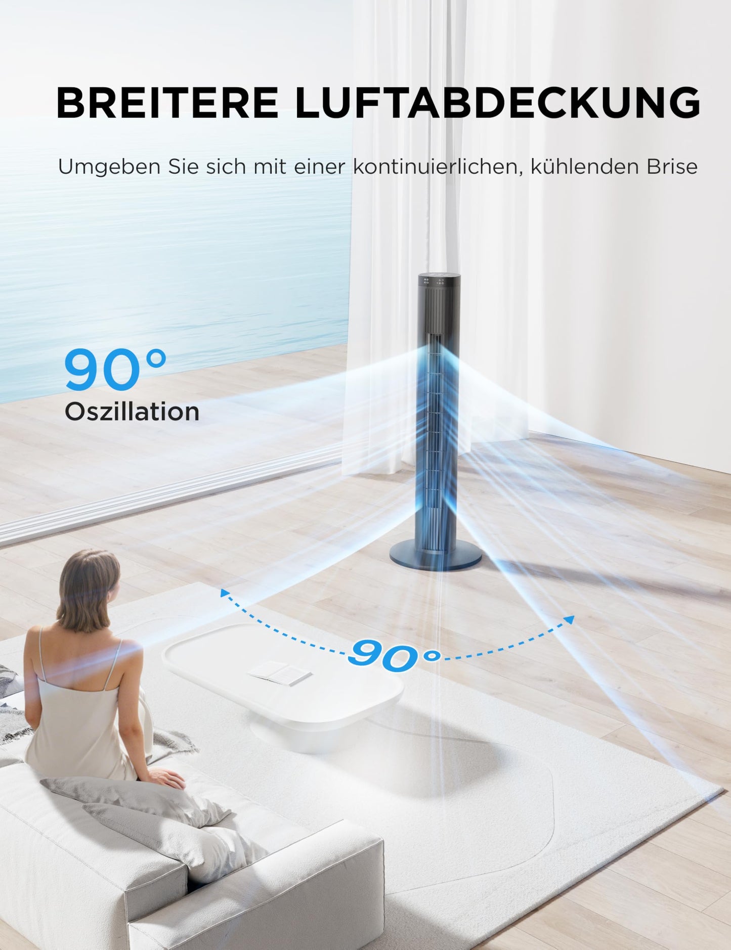 Midea tower fan with remote control FZ10-26MR(BL), 97 cm, 33 dB quiet, 90° oscillation, 15H timer, LED display, 4 speeds & 4 modes, for bedroom & office, black