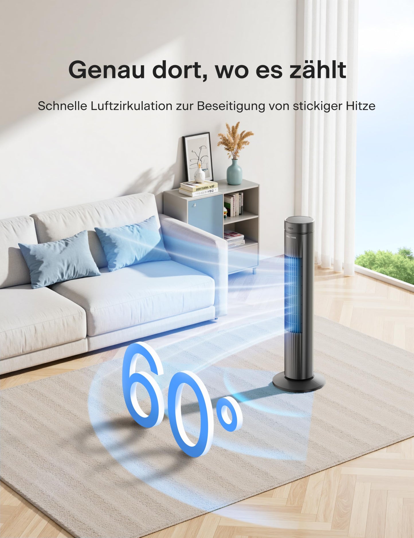 Pelonis Very Quiet Tower Fan, Fan with Remote Control Cooling, 3 Speeds, Tower Fan with 7 Hour Timer and 3 Modes, Fan for Bedroom - PE-FZ10-24KRP-DE