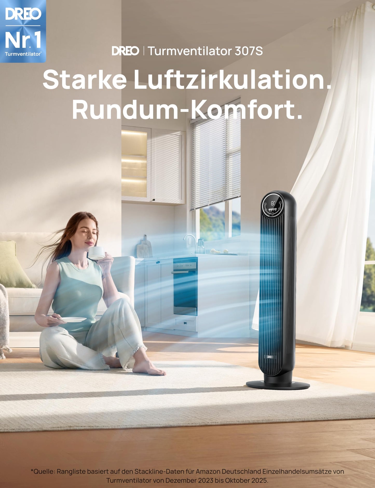 DREO Smart Quiet Tower Fan, APP & Voice Control, 90° Oscillating Fan with Remote Control, 4 Modes, 4 Speeds, 8 Hour Timer, Nomad One S, Black - DR-HTF007S