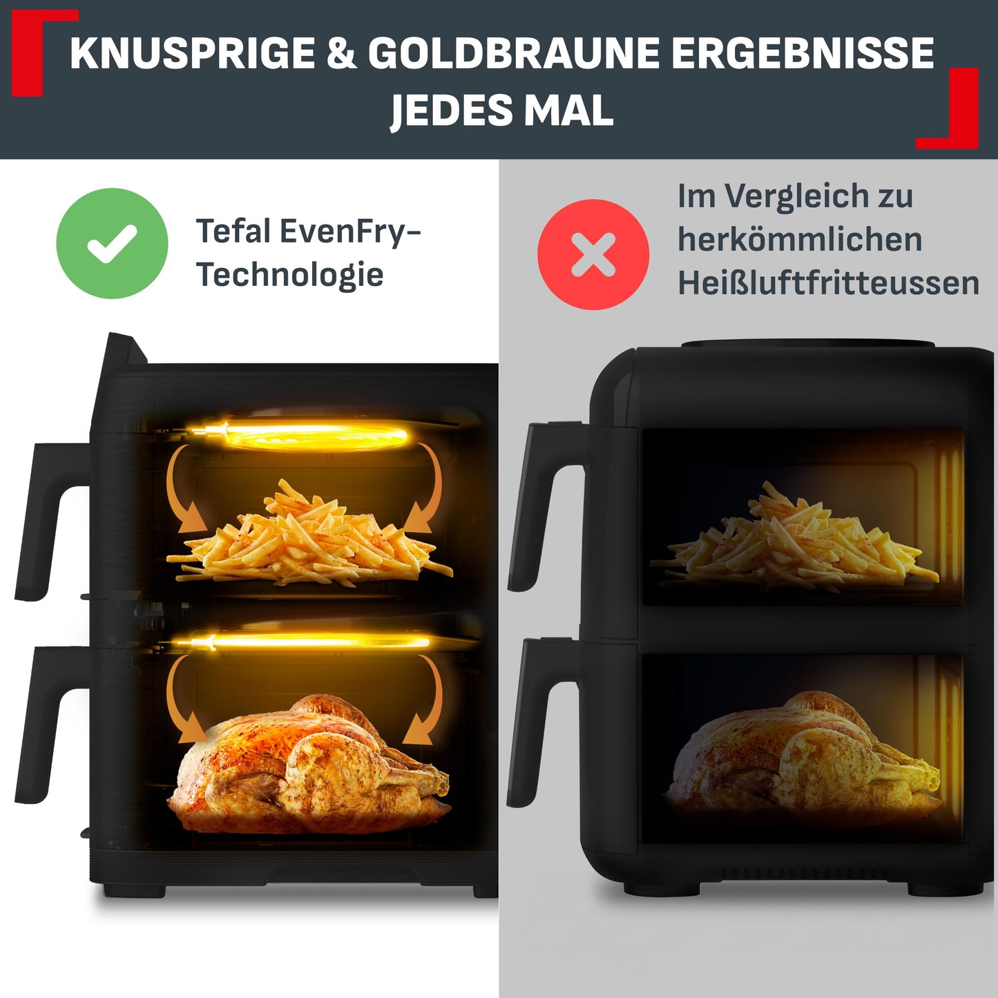 Tefal Easy Fry Crispy Stack double chamber hot air fryer, 4/6 liter drawers with separate temperature setting, EvenFry technology, 6 cooking modes + manual mode, space saving, black, EY7528E0
