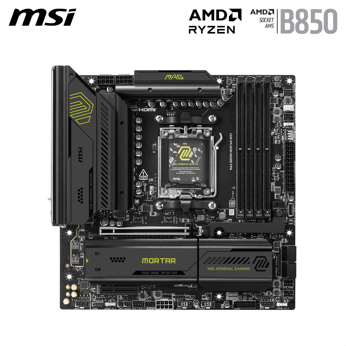 MSI MAG B850M Mortar WiFi Placă de bază, mATX - Suportă procesoare AMD Ryzen 9000/8000 / 7000, AM5-60A SPS VRM, DDR5 Memory Boost 8200+ MT/s (OC), PCIe 5.0 x16, M.2 Gen5, Wi-Fi 7, 5G LAN - 7E61-001R