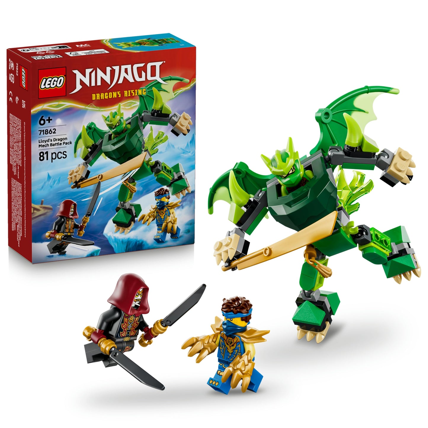 LEGO NINJAGO Lloyd's Dragon Mech Battle Set - Ninja playset with action figure, 3 minifigures and katanas - children's room decoration - gift idea for boys aged 6 and over and Dragons Rising fans - 71862