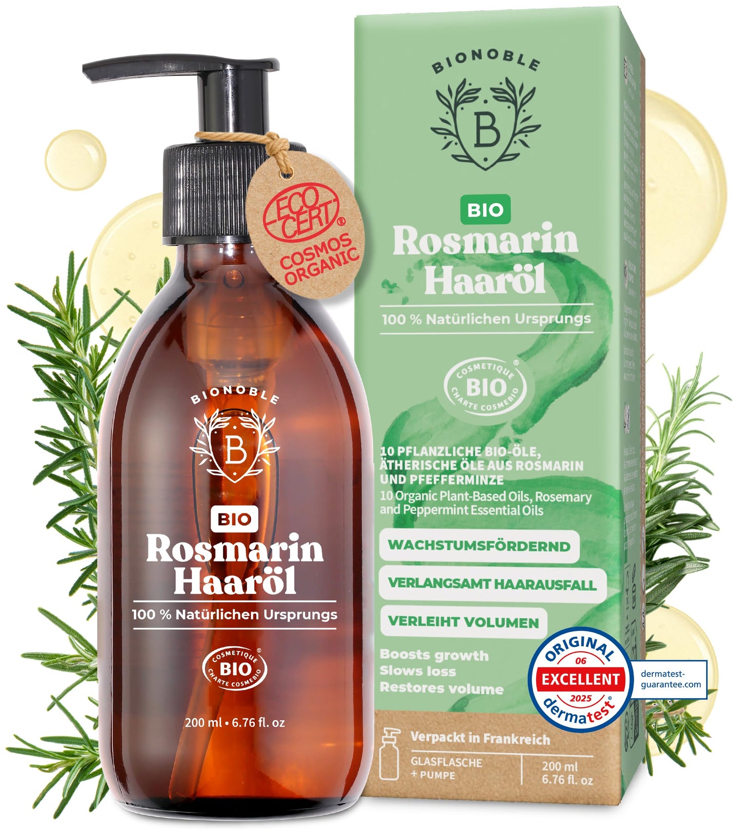 BIONOBLE Rosemary Oil Hair Organic - Promotes Hair Growth, Slows Hair Loss, Scalp Oil - Hair Oil with Rosemary Oil and Castor Oil - Rosemary Oil for Hair Growth - Glass Bottle with Pump - 200ml - France
