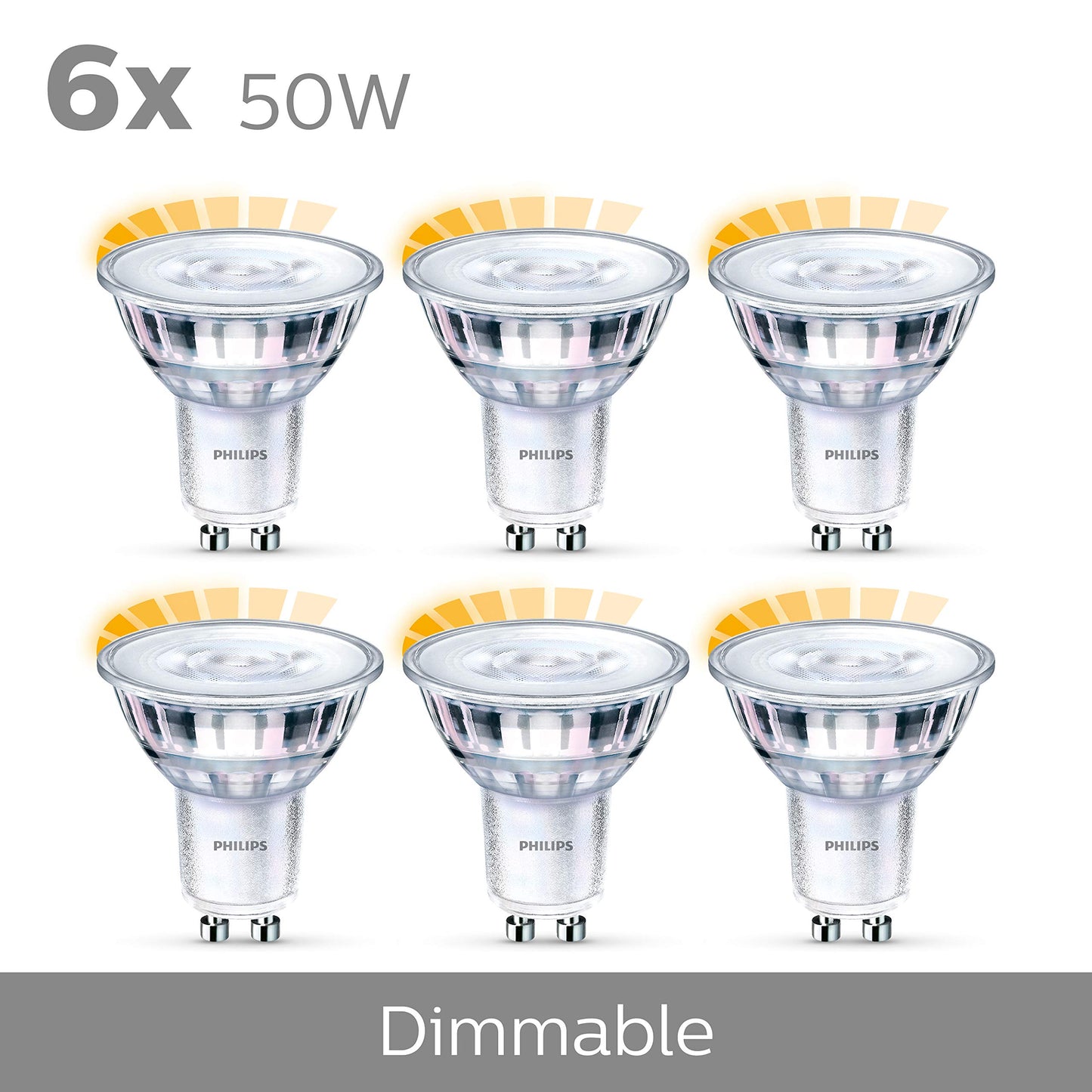 Philips LED Classic GU10 lamps Warm Glow pack of 6 (50 W), dimmable reflector LED spots with warm white light, energy-saving lamps with a long useful life, warm glow dimmable - 929002065798