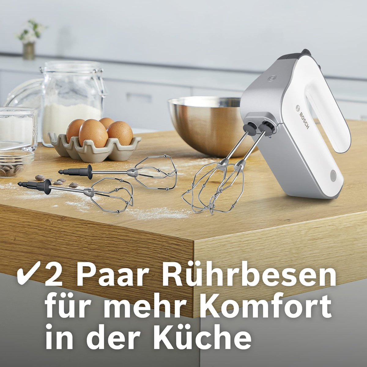Bosch Hand Mixer Styline MFQ4835DE, 2x2 Whisks, 2 Stainless Steel Dough Hooks, Dishwasher Safe, 575 W, White