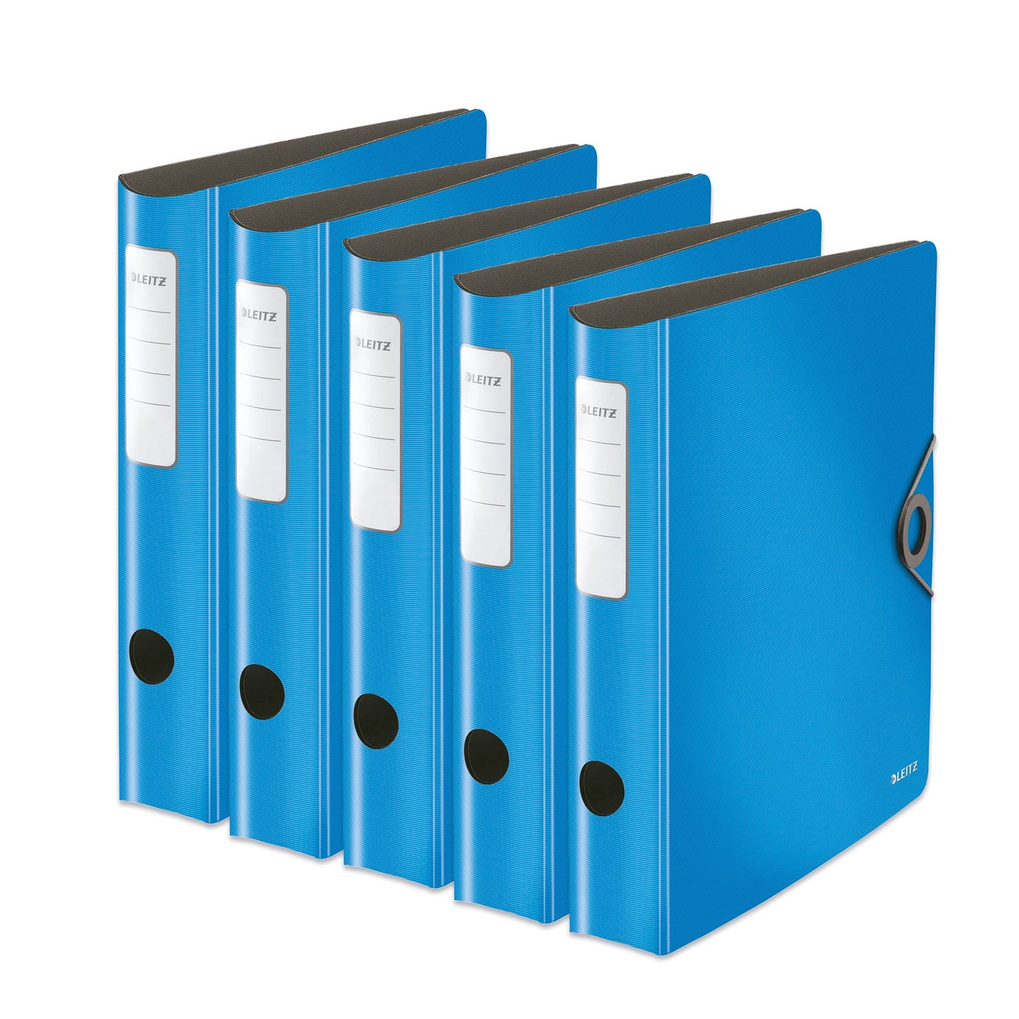 Leitz quality folder 180° Active Solid, pack of 5, A4, narrow, rounded spine, 6.5 cm wide, elastic band closure, light polyfoam, plastic folder, light blue, 10481030 - 10481030-5
