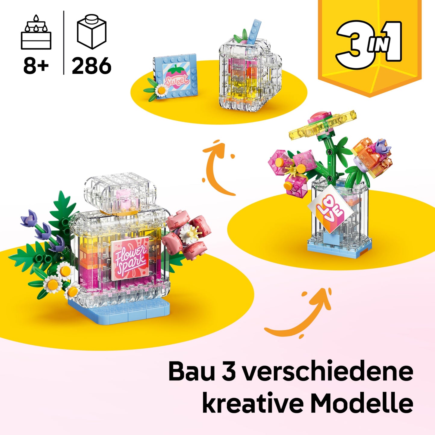 LEGO Creator 3-in-1 perfume bottle with flower decoration set - building toy with 3 building options: perfume bottle, flower vase or smoothie - gift idea for children aged 8 and up - 31383