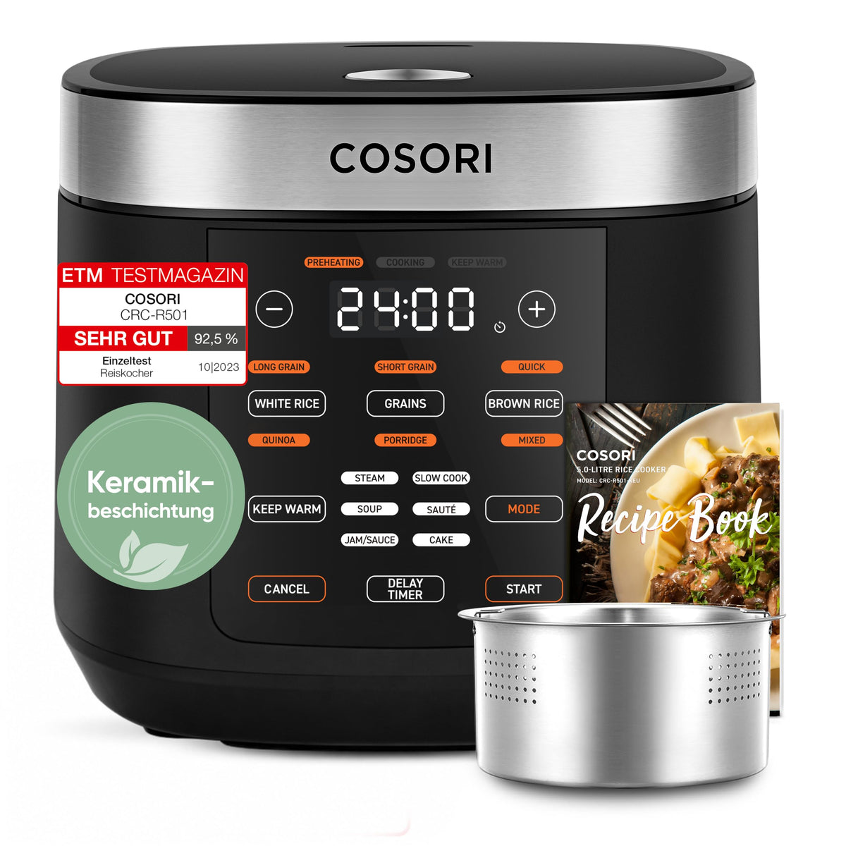 Cosori Reiskocher, Rice Cooker 5 L, Keramikbeschichtung, Fuzzy-Logik - CRC-R501-KEU