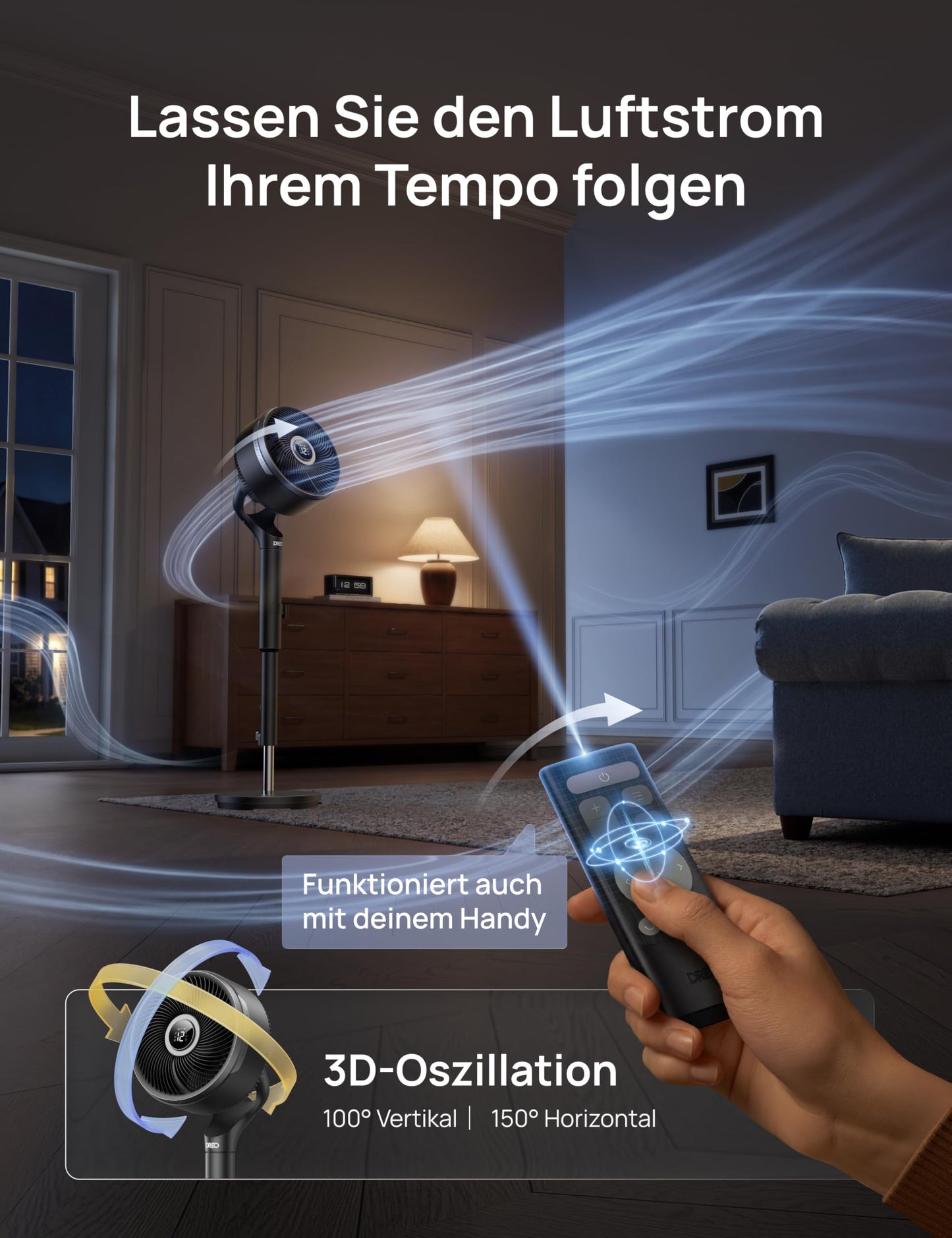 DREO Smart Bedroom Fan, Pedestal Fan, 150°+100° Omnidirectional Oscillation, 36.6m CirculAir Range, Quiet DC Motor, 12 Levels, 6 Modes, 20dB, Remote Control, 12h Timer. - DR-HPF015S