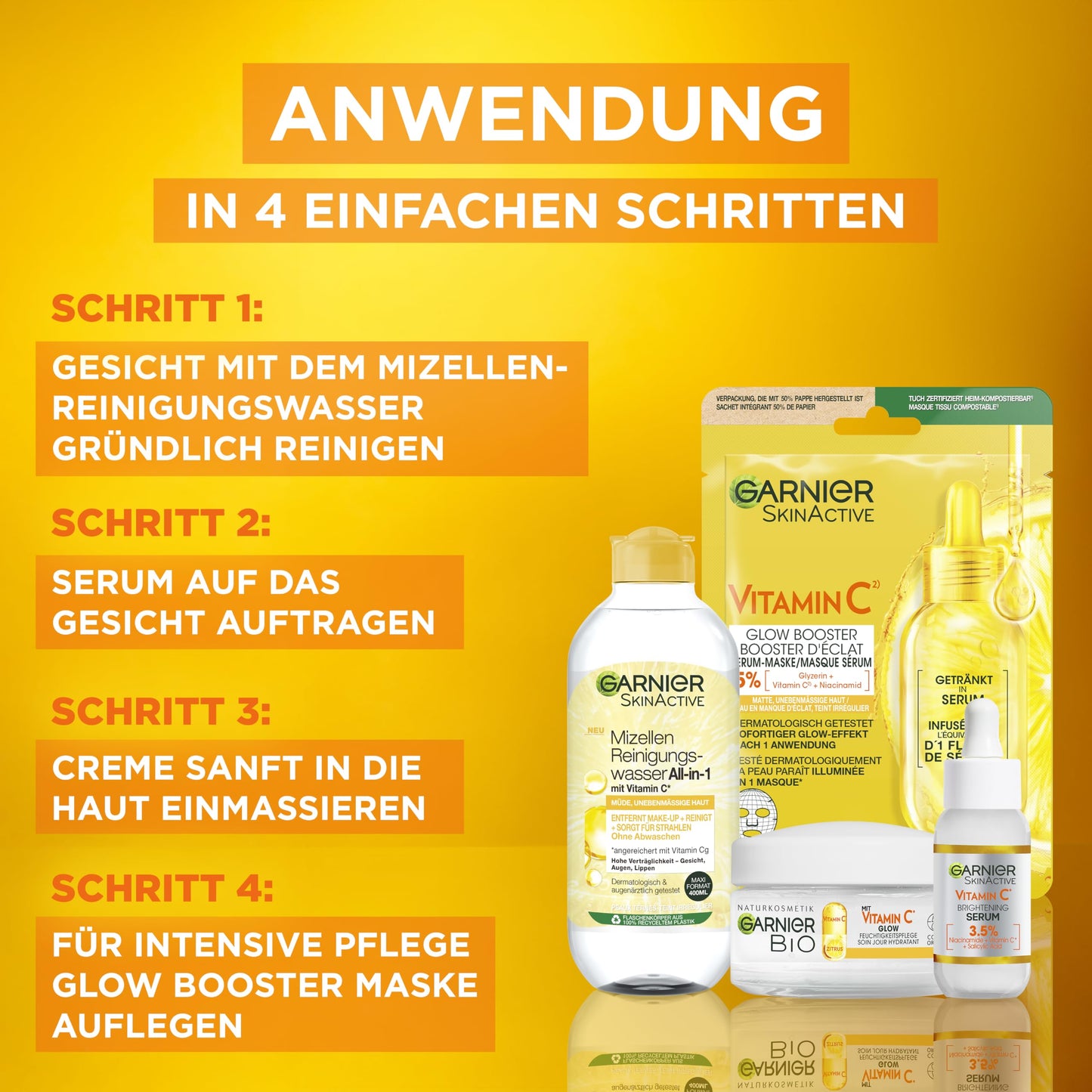 Garnier Vitamin C care set for the face, gift set with micellar cleansing water, sheet masks, anti-dark spot serum & moisturizer, for a radiant complexion, SkinActive, 4 pieces - Glow