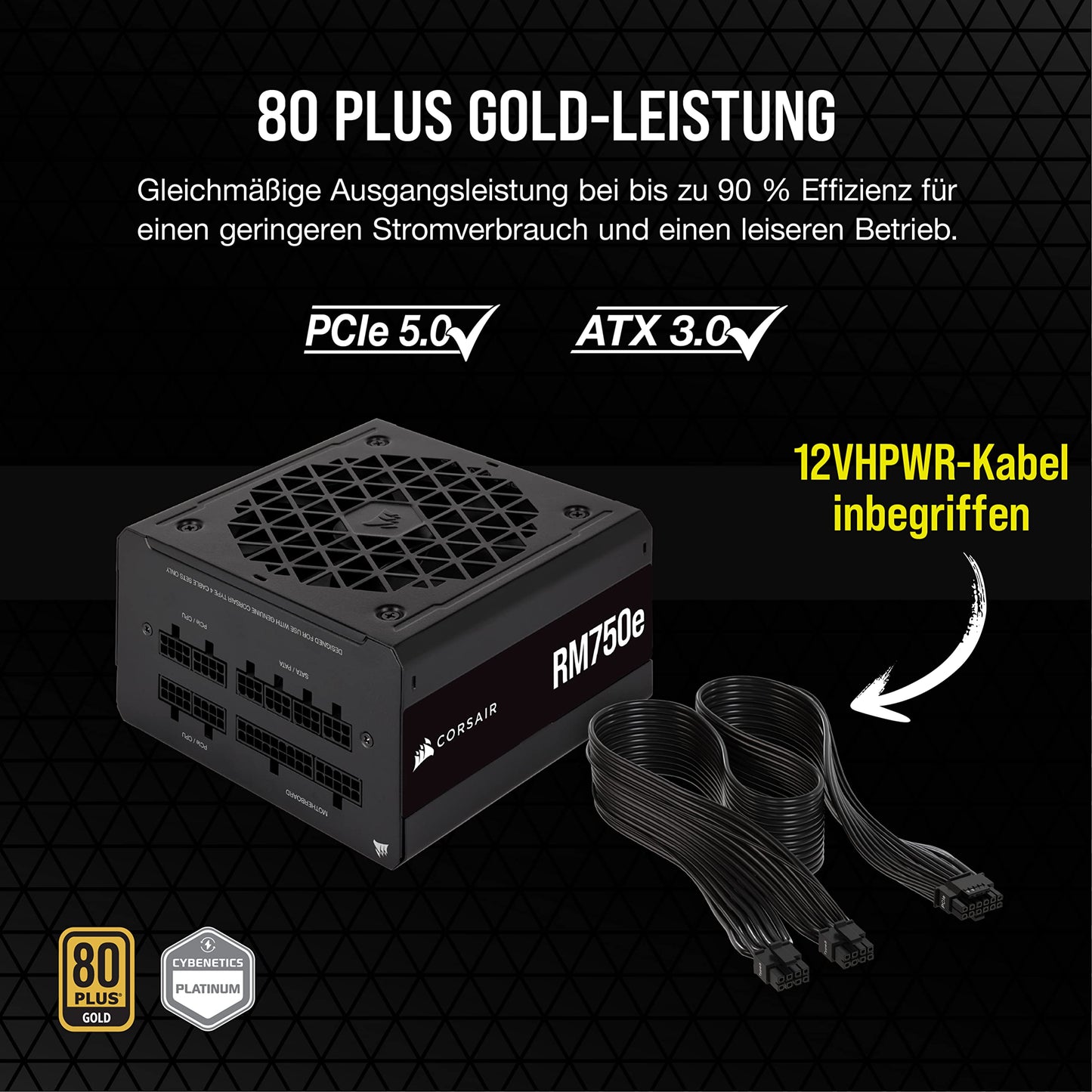 Corsair RM750e (2023) Fully Modular Low Noise ATX Power Supply - ATX 3.1 and PCIe 5.1 Compatible - 105°C Capacitors - 80 PLUS Gold Efficiency - Modern Standby Support - Black - CP-9020262-EU