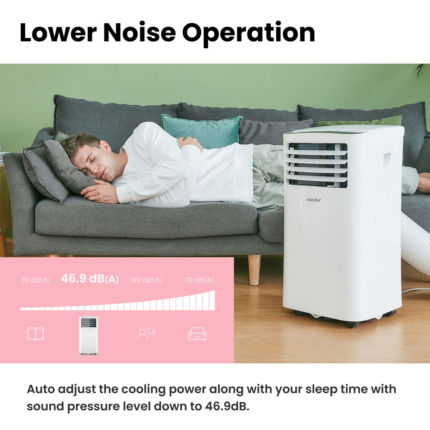 Comfee mobile air conditioner MPPH-09CRN7, 3-in-1 air conditioning with exhaust hose, cooling & dehumidification & ventilation, 9000 BTU, 2.6kW, for rooms approx. 80m³ (31㎡), EEK A