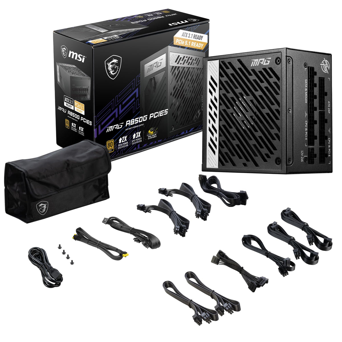 MSI MPG A850G PCIE5 Sursă de alimentare, conector EU - 850W, certificat 80 Plus Gold, complet modular ATX 3.0, suportă GPU PCIe 5.0, condensatori japonezi la 105°C, mod 0% RPM, cabluri plate