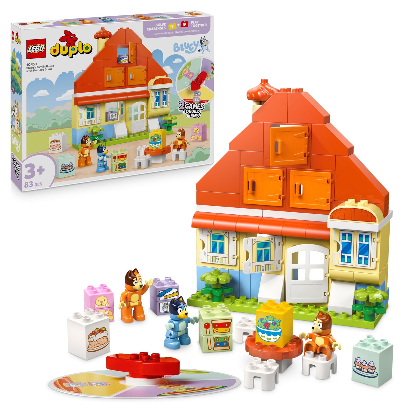 LEGO DUPLO Bluey: Bluey's family house with memory game - educational toy for toddlers - including 3 minifigures, opening windows and board game - gift for boys and girls aged 3 and over - 10459