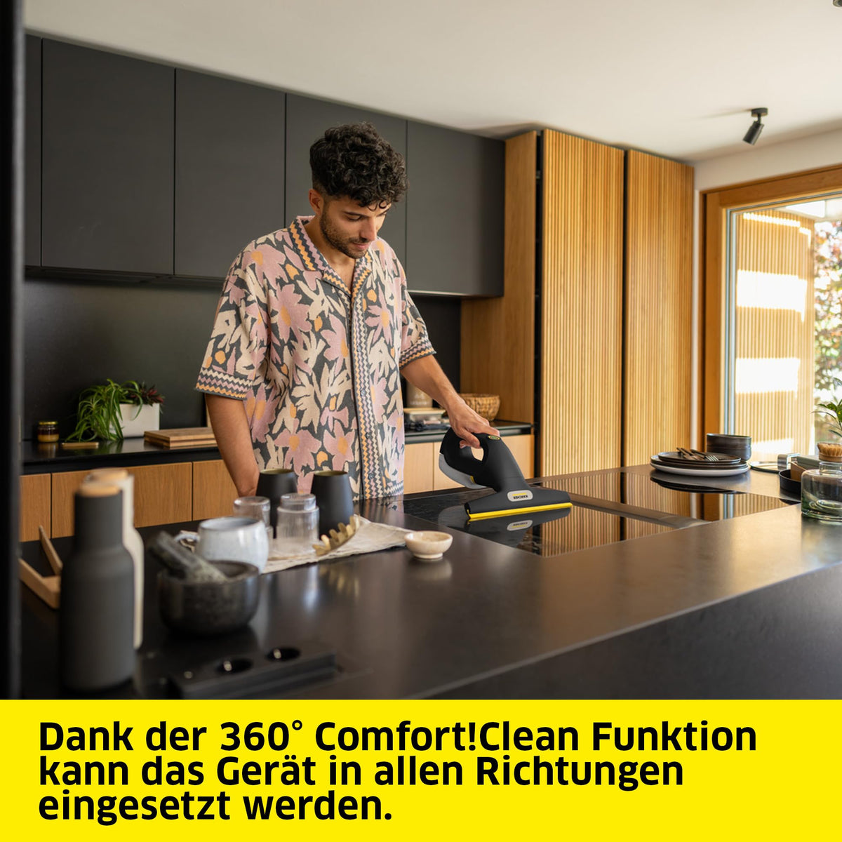 KÄRCHER Battery Window Vacuum WV 3 Comfort Precision+ Black, battery life: 35 min., XXL dirty water tank: 200 ml, 2 suction nozzles, adjustable spray bottle with microfiber cleaning pad. - 1.633-698.0