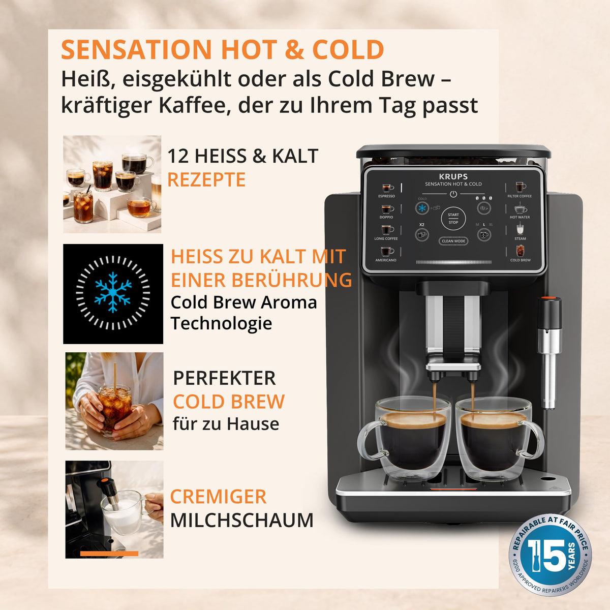 KRUPS Sensation Hot & Cold Coffee Machine, 12 recipes, intuitive operation, complete customization, steam nozzle, cold brew aroma technology, automatic cleaning, dark gray, EA913HE0