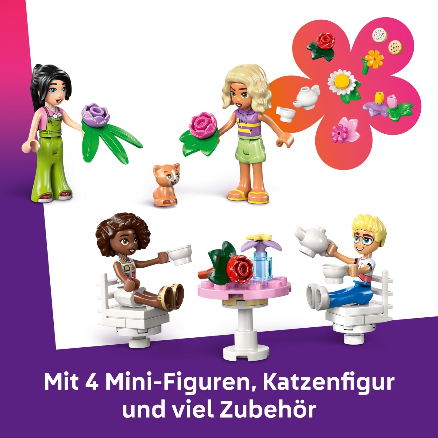 LEGO Friends plant cafe and flower kiosk - toy with 4 minifigures, 1 cat figure, tram and kitchen accessories - pastries, cups and teapot - birthday gift for girls aged 9 and over - 42671
