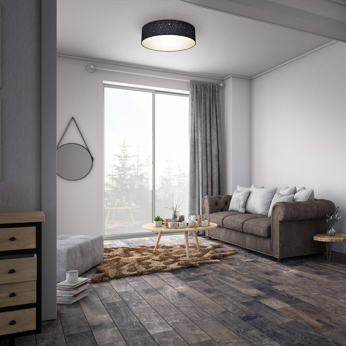 B.K.Licht - Ceiling lamp, lampshade with star effect, fabric lampshade, E27 socket, max. 40 watts, ceiling light, lamp, living room lamp, bedroom lamp, kitchen lamp, 38x10 cm, black - BKL1347