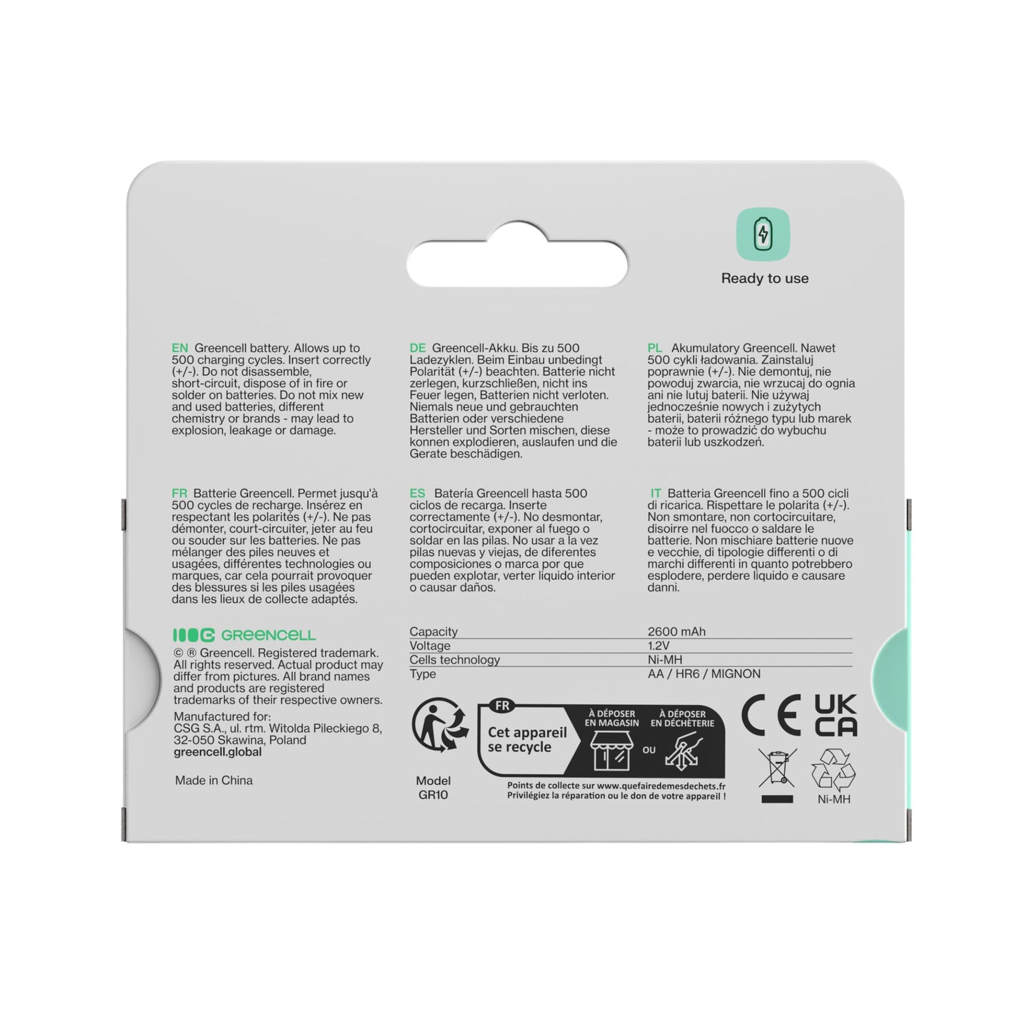 Green Cell battery 2600 mAh 1.2V, 16 pieces of batteries AA Mignon NI-MH rechargeable, ready for immediate use without memory effect, pre-charged, strong performance, low self-discharge, rechargeable battery - GR10