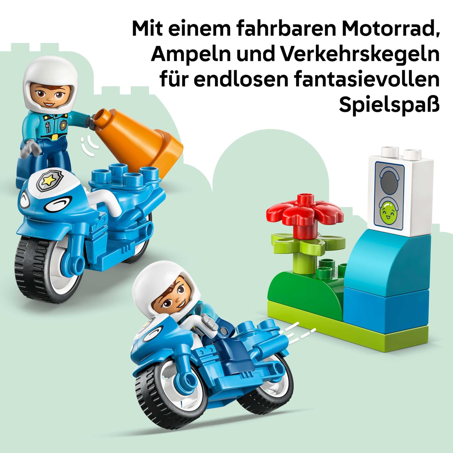 LEGO DUPLO Blue Police Motorcycle - educational toy to promote motor skills for toddlers - including motorcycle, police figure and traffic light - gift for boys and girls aged 2 and over - 10471