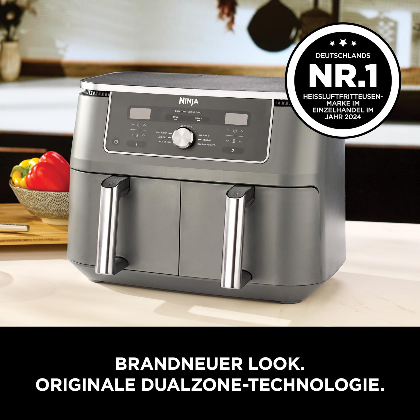 Ninja Dual Zone Digital Air Fryer, 2 Drawer, 6-in-1, Air Fryer, 9.5L, Air Frying, Max Crisp, Roasting, Baking, Reheating, Dishwasher Safe Baskets, Metallic Gray DZ400EU