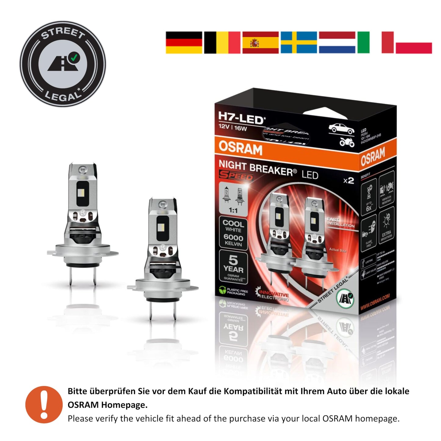 Osram NIGHT BREAKER LED SPEED H7, LED high and low beam with street approval, 6000K, quick installation, no mechanical accessories necessary, LEDEC02 integrated - 64210DWNBSP-2HB